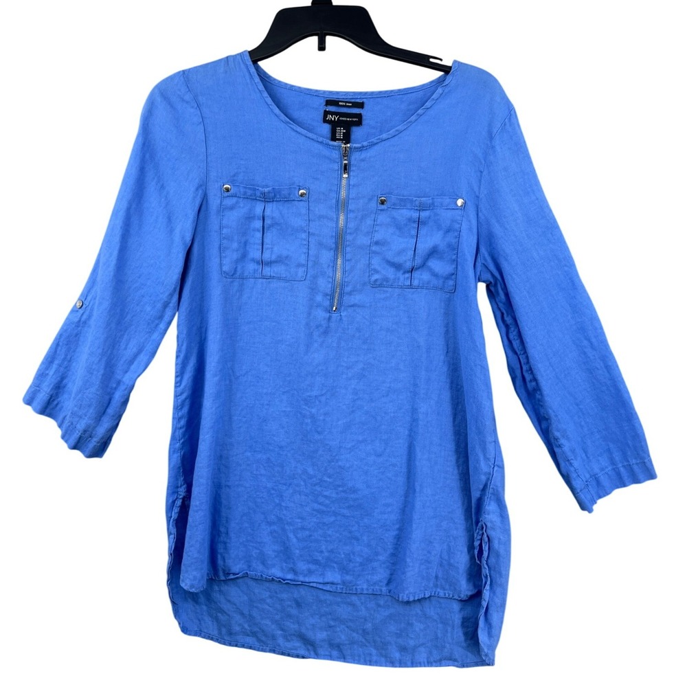 Jones New York Linen Tunic Womens M Blue Half Zip Hi Low Hem Lagenook Coastal